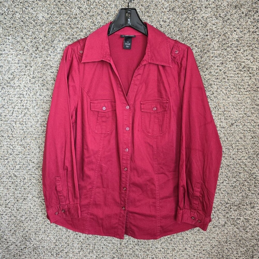 Lane Bryant Top Womens Plus 18 Burgundy Button Up Pockets Long Sleeve‎ Stretch